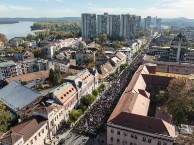 A drone view shows students walking on their journey to Novi Sad during a protest march over the fatal November 2024 Novi Sad railway station canopy collapse, which killed 16 people, triggering nationwide accusations of widespread corruption and negligence, in Belgrade, Serbia, October 30, 2025. REUTERS/Marko Djurica 