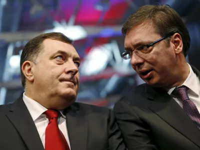 ﻿Milorad Dodik (L), president of the Republika Srpska, and Serbian Prime Minister Aleksandar Vucic attend the official celebration ceremony of Republika Srpska Statehood Day in Banja Luka, Bosnia and Herzegovina, January 9, 2015. Bosnian Serbs organised celebrations of the Statehood Day of their half of Bosnia despite the constitutional court's ruling to change the date for the holiday which was found to discriminate against other ethnic groups because it is also celebrated as an Orthodox holiday. REUTERS/Dado Ruvic - RTX21MM7