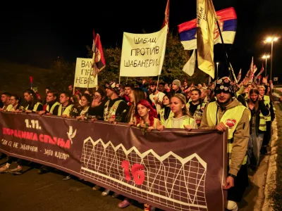Students from Sabac and Valjevo, enter Novi Sad during a protest march marking the first anniversary of the fatal November 2024 Novi Sad railway station canopy collapse, which killed 16 people, triggering nationwide accusations of widespread corruption and negligence, in Novi Sad, Serbia, October 31, 2025. REUTERS/Zorana Jevtic