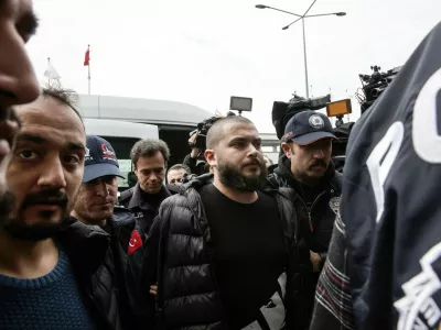 ISTANBUL, TURKIYE - APRIL 20: Faruk Fatih Ozer, the founder of the crypto exchange Thodex, is brought to Istanbul Airport on April 20, 2023 in Istanbul, Turkiye. Crypto money exchange Thodex's founder Faruk Fatih Ozer, who was extradited to Turkiye by the Albanian Ministry of Justice, was brought to Istanbul on Thursday. The plane carrying Ozer, whose extradition to Turkiye was decided by the Durres Court of Appeals in Albania, took off from the Albanian capital Tirana in the morning and landed at Istanbul Airport at 10:15 a.m. Istanbul Airport Police Department took custody of Ozer on arrival. Berk Ozkan / Anadolu Agency/ABACAPRESS.COM,Image: 770656557, License: Rights-managed, Restrictions:, Model Release: no