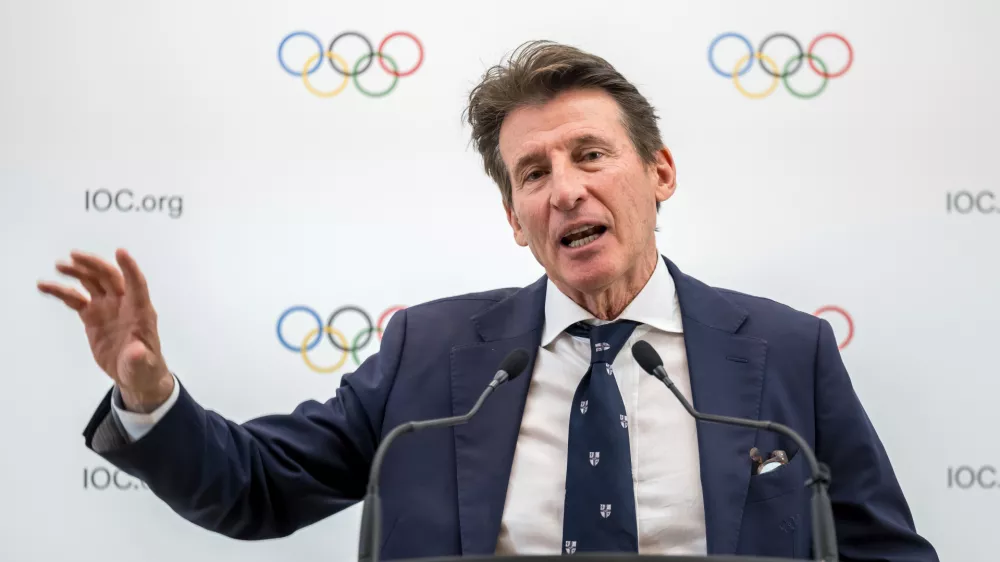 FILE - Candidate to the presidency of the International Olympic Committee (IOC) Sebastian Coe speaks during a press conference following a presentation before their fellow IOC members in Lausanne, Switzerland, on Jan 30, 2025 (Fabrice Coffrini/Pool Photo via AP)