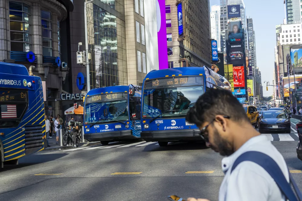 A bevy of MTA buses in Times Square in New York on Sunday, October 5, 2025. (?Photo by Richard B. Levine)