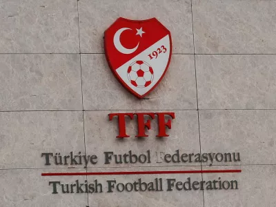 FILE PHOTO: FILE PHOTO: A logo of the Turkish Football Federation (TFF) is seen at the entrance of Riva Hasan Dogan national team training centre and education facilities in Istanbul, Turkey December 12, 2023. REUTERS/Dilara Senkaya/File Photo/File Photo