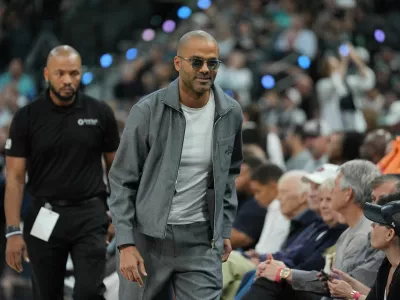 FILE PHOTO: Oct 27, 2025; San Antonio, Texas, USA; Former San Antonio Spurs guard Tony Parker at the game against the Toronto Raptors at Frost Bank Center. Mandatory Credit: Daniel Dunn-Imagn Images/File Photo