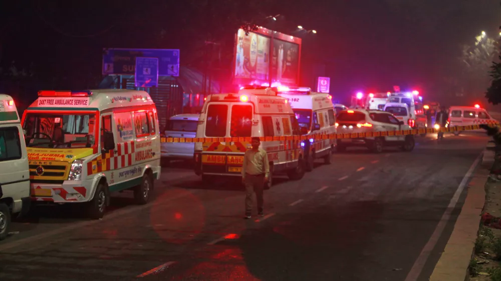 Ambulances are lined up at the scene after a car explosion near the historic Red Fort in New Delhi, India, Monday, Nov. 10, 2025. (AP Photo)