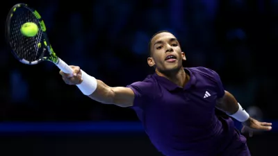 Tennis - ATP Finals - Turin - Palasport Olimpico, Turin, Italy - November 12, 2025 Canada's Felix Auger Aliassime in action during his group stage match against Ben Shelton of the U.S. REUTERS/Guglielmo Mangiapane
