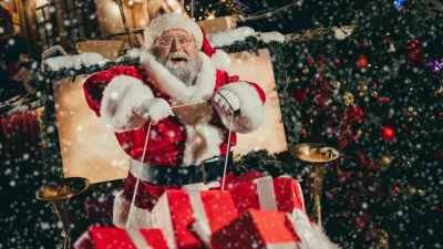 Photo of good personage santa sitting sleigh pulled by reindeer holding rope enjoying travel streets of city carrying miracle outside. / Foto: Deagreez
