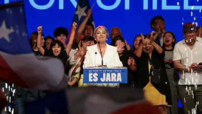 Jeannette Jara, presidential candidate of the ruling leftist-coalition and member of the Communist Party, looks on as she addresses supporters following early results in the presidential election, in Santiago, Chile November 16, 2025. REUTERS/Pablo Sanhueza