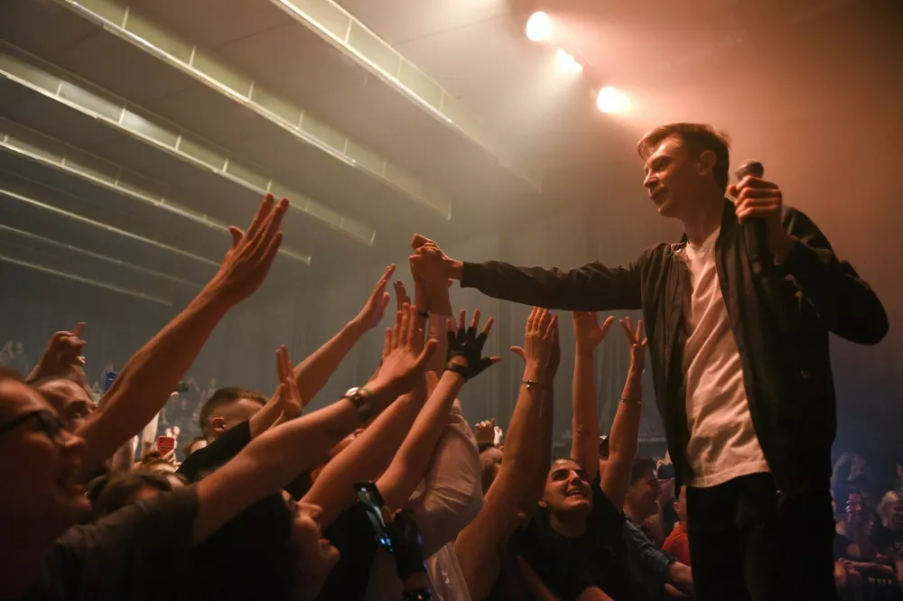 Russian punk rocker Vladimir Kotlyarov, the lead singer of the Pornofilmy band, performs during a concert in Yerevan on May 12, 2023.,Image: 781656930, License: Rights-managed, Restrictions:, Model Release: no