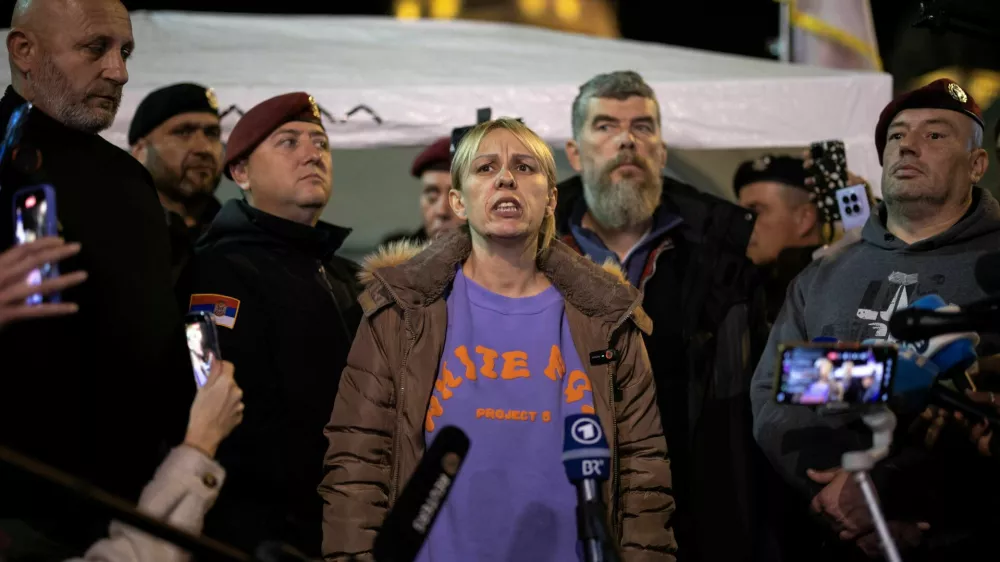 Dijana Hrka, mother of one of the victims of the fatal November 2024 railway station canopy collapse, speaks to media as she ends her hunger strike in front of the parliament building in Belgrade, Serbia, November 17, 2025. REUTERS/Marko Djurica