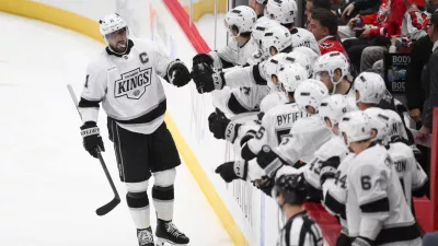 Los Angeles Kings center Anze Kopitar celebrates his goal during the second period of an NHL hockey game against the Washington Capitals, Monday, Nov. 17, 2025, in Washington. (AP Photo/Nick Wass)