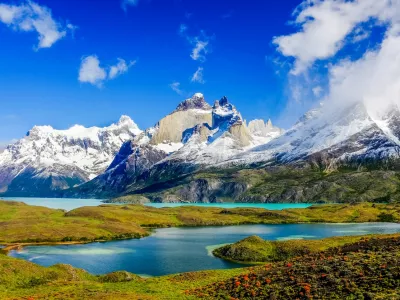 ﻿Beautiful Patagonia landscape of Andes mountain range, winding road and lake at Torres del Paine National Park, Chile.
