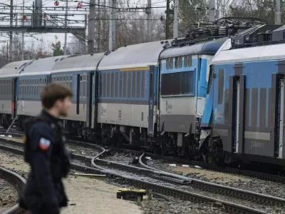 The scene after an express train collided with a passenger train on the line between Zliv and Dívčice in the České Budějovice region in the southern Czech Republic on Thursday, Nov.20, 2025. (Vaclav Pancer/CTK via AP)