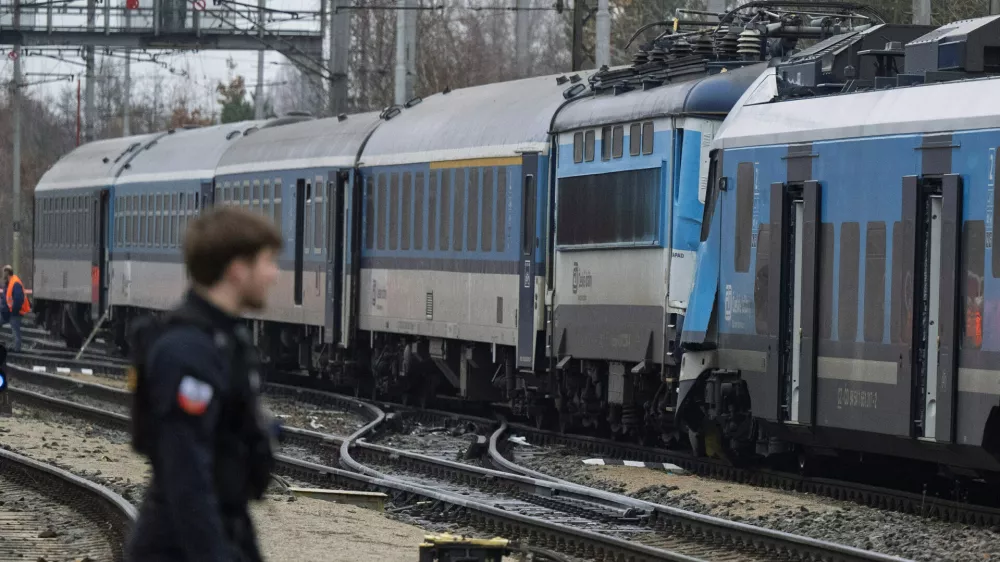 The scene after an express train collided with a passenger train on the line between Zliv and Dívčice in the České Budějovice region in the southern Czech Republic on Thursday, Nov.20, 2025. (Vaclav Pancer/CTK via AP)