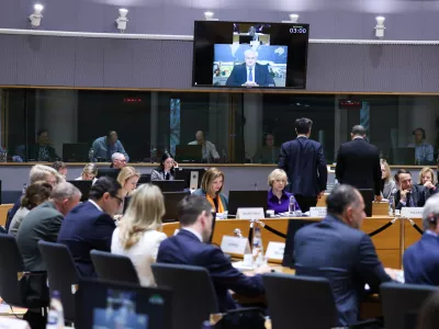 HANDOUT - 20 November 2025, Belgium, Brussels: Ukrainian Foreign Minister Andriy Sybiha addresses the attendees of the EU Foreign Ministers' meeting via video. Photo: Alexandros Michailidis/EU Council/dpa - ATTENTION: editorial use only and only if the credit mentioned above is referenced in full