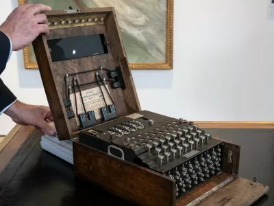 This photograph shows an Enigma M4 rotor key machine used for encrypted communication during World War II, ahead of its' auction exhibited at the Christie's auction house in Paris on November 13, 2025. The Enigma M4 machine will be auctionned on November 18, 2025 at the Christie's auction house in Paris.,Image: 1052237667, License: Rights-managed, Restrictions:, Model Release: no