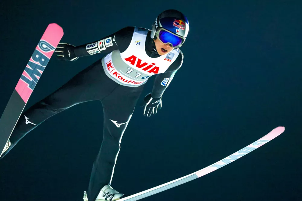 Japan's Ryoyu Kobayashi in action during the mixed team competition during the World Cup ski jumping in the large Lysg&aring;rdsbakken in Lillehammer, Norway, Friday Nov. 21, 2025. (Geir Olsen/NTB via AP)