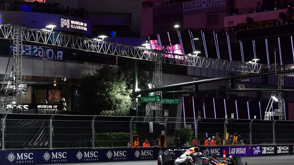 Nov 21, 2025; Las Vegas, NV, USA; Red Bull Racing driver Max Verstappen (1) during the Las Vegas Grand Prix at Las Vegas Strip Circuit. Mandatory Credit: Gary A. Vasquez-Imagn Images