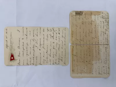 This undated handout picture provided by the auctioneers Henry Aldridge & Son, England, shows a lettercard, penned by one of the Titanic's most well-known survivors from onboard the ship days before it sank, which has sold for 300,000 pounds (9,000) at auction. (Henry Aldridge & Son via AP)