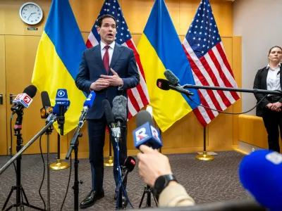 U.S. Secretary of State Marco Rubio talks to the press at the U.S. Mission to International Organizations in Geneva, Switzerland, Sunday, Nov. 23, 2025. (Martial Trezzini/Keystone via AP)