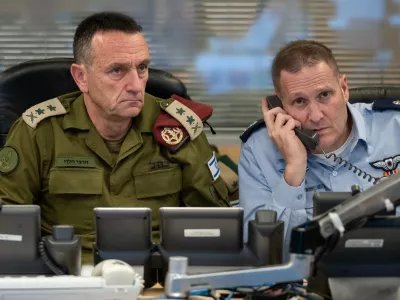 FILED - 26 October 2024, Israel, Tel Aviv: Chief of Israeli General Staff Herzi Halevi (L) and Commander of the Israeli Air Force Tomer Bar sit in an underground command center of the Israeli Air Force at Camp Rabin (Kirya) directing an attack on Iran. Israeli Chief of the General Staff Herzi Halevi has resigned, citing failures by the Israeli military regarding the Hamas-led October 7 attacks, a military spokesman said on Tuesday. Photo: -/IDF/X/dpa - ACHTUNG: Nur zur redaktionellen Verwendung und nur mit vollständiger Nennung des vorstehenden Credits