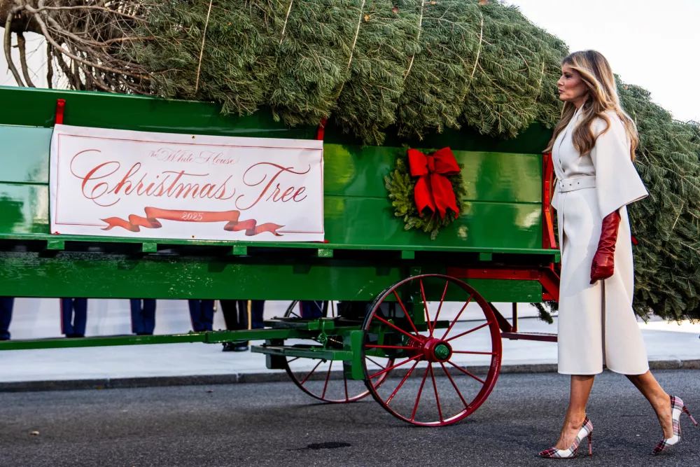 First lady Melania Trump receives the official 2025 White House Christmas Tree, a white fir from Korson's Tree Farms in Michigan, on the North Portico of the White House, Monday, Nov. 24, 2025, in Washington. (AP Photo/Julia Demaree Nikhinson)