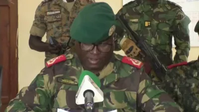 Dinis N'Tchama, military spokesperson, speaks on Wednesday, Nov. 26, 2025 in Bissau, Guinea-Bissau. (TGB Guinea-Bissau via AP)