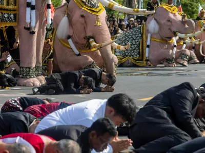 People bow as elephant riders lead a procession of white elephants for the late Queen Mother Sirikit along the Grand Palace in Bangkok, Thailand, Thursday, Nov. 27, 2025. (AP Photo/Wason Wanitchakorn)