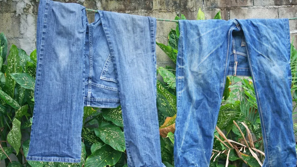 Two blue jeans pants on a clothes line