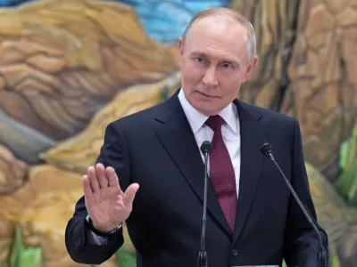 Russian President Vladimir Putin gestures speaking to Russian journalists after the summit of the Collective Security Treaty Organisation (CSTO) in Bishkek, Kyrgyzstan, on Thursday, Nov. 27, 2025. (Alexei Nikolsky, Sputnik, Kremlin Pool Photo via AP)
