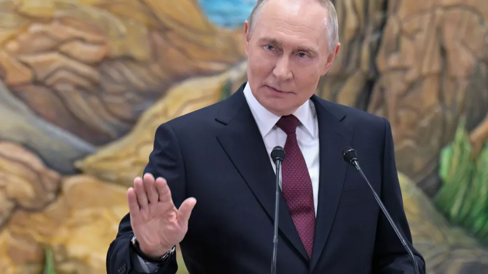 Russian President Vladimir Putin gestures speaking to Russian journalists after the summit of the Collective Security Treaty Organisation (CSTO) in Bishkek, Kyrgyzstan, on Thursday, Nov. 27, 2025. (Alexei Nikolsky, Sputnik, Kremlin Pool Photo via AP)