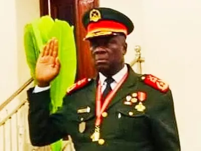 In this photo taken from video provided by TGB Guinea-Bissau, Guinea-Bissau's new junta leader Gen. Horta Inta-A, takes an oath of office in Bissau, Guinea-Bissau, Thursday, Nov. 27, 2025. (TGB Guinea-Bissau via AP)