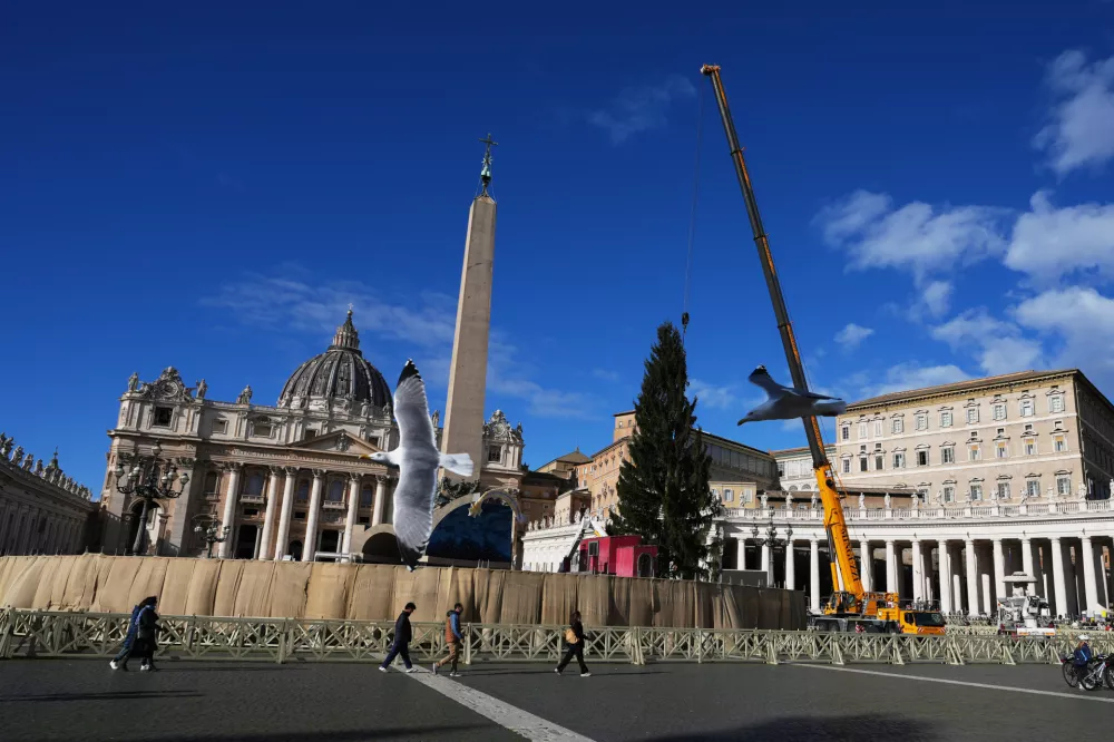 A 27-meter (88.6-foot) fir tree coming from the Alpine valley of Ultimo, Bolzano, in Trentino–Alto Adige, Italy, is lifted up in St. Peter's Square to be decorated as Christmas tree at the Vatican, Thursday, Nov. 27, 2025. (AP Photo/Alessandra Tarantino)