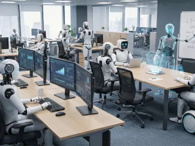 Izmišljena pisarna z roboti in umetno inteligenco. Kot kaže, brez ljudi in človeških težav ne gre dobro. / Foto: Google Gemini