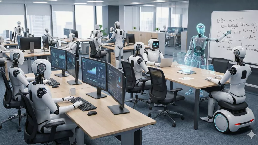 Izmišljena pisarna z roboti in umetno inteligenco. Kot kaže, brez ljudi in človeških težav ne gre dobro. / Foto: Google Gemini