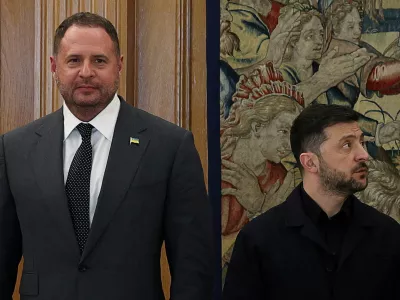 FILE PHOTO: Ukraine's President Volodymyr Zelenskiy and Head of the Office of the President of Ukraine Andriy Yermak pose for the press, as they meet with Spain's King Felipe (not pictured), at the Zarzuela Palace, in Madrid, Spain, November 18, 2025. REUTERS/Violeta Santos Moura/File Photo