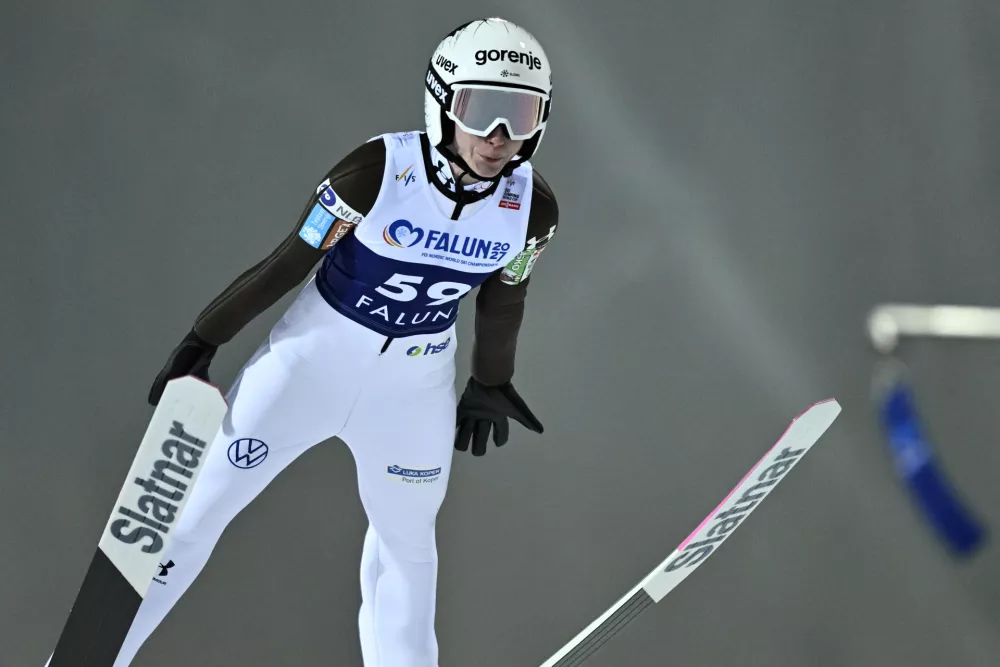 Nika Prevc, of Slovenia, competes in the women's Individual HS95 FIS World Cup Ski Jumping event in Falun, Sweden, Friday, Nov. 28, 2025. (Fredrik Sandberg/TT News Agency via AP)