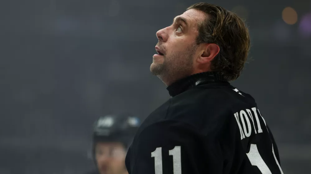 Los Angeles Kings center Anze Kopitar looks on before an NHL hockey game against the Vancouver Canucks, Saturday, Nov. 29, 2025, in Los Angeles. (AP Photo/Jessie Alcheh)