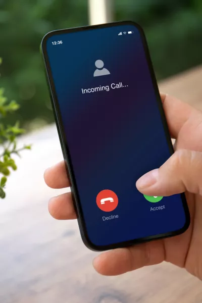 man hands holding phone with incoming call on screen in green cafe / Foto: Prykhodov