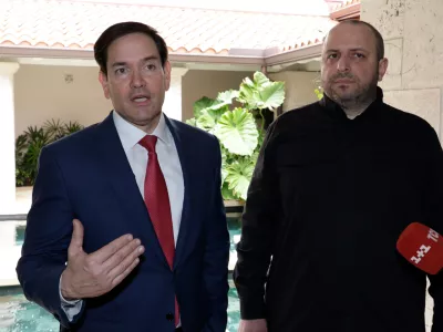 Secretary of State Marco Rubio, left, and Rustem Umerov, Secretary of the National Security of Ukraine talk to the media Sunday, Nov. 30, 2025, in Hallandale Beach, Fla. (AP Photo/Terry Renna)