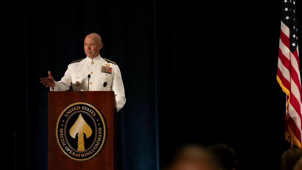 U.S. Navy Admiral Frank "Mitch" Bradley, incoming commander, U.S. Special Operations Command, delivers remarks during the USSOCOM Change of Command Ceremony in Tampa, Florida, U.S. October 3, 2025. Airman 1st Class Monique Stober/U.S. Special Operations Command/Handout via REUTERS. THIS IMAGE HAS BEEN SUPPLIED BY A THIRD PARTY