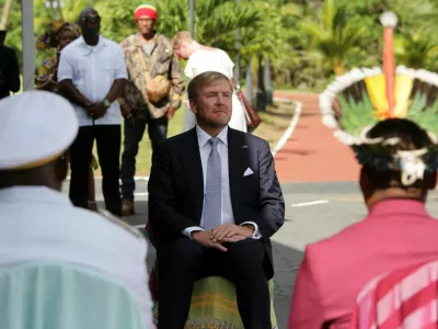 Dutch King Willem-Alexander attends a ceremony during an official visit with his wife Queen Maxima (not pictured), in Paramaribo, Suriname, December 1, 2025. REUTERS/Ranu Abhelakh