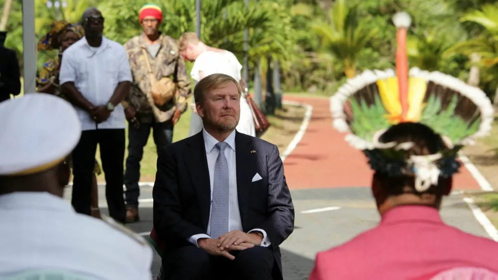 Dutch King Willem-Alexander attends a ceremony during an official visit with his wife Queen Maxima (not pictured), in Paramaribo, Suriname, December 1, 2025. REUTERS/Ranu Abhelakh