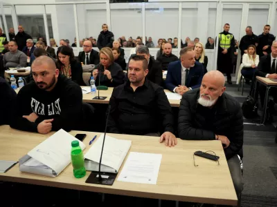 Suspects of the Pulse nightclub fire in Kocani attend a trial at the courthouse in Idrizovo, North Macedonia, November 19, 2025. Thirty seven people have been charged in connection with the fatal disco fire in Kocani in March, which killed 63 people. REUTERS/Valdrin Xhemaj