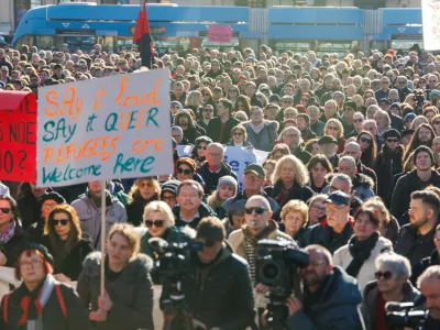 People take part in a protest against what they say is the rising use of far-right symbols and rhetoric, in Zagreb, Croatia, November 30, 2025. REUTERS/Antonio Bronic