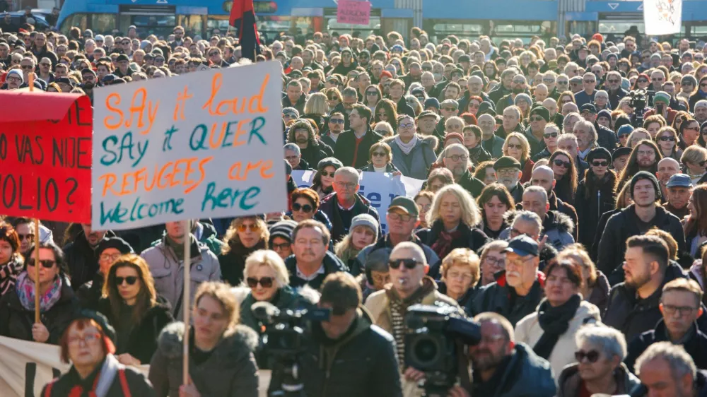 People take part in a protest against what they say is the rising use of far-right symbols and rhetoric, in Zagreb, Croatia, November 30, 2025. REUTERS/Antonio Bronic