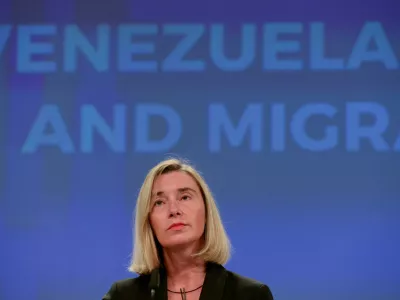FILE PHOTO: European Union Foreign Policy Chief Federica Mogherini takes part in a press conference after an International Solidarity Conference on the Venezuelan Refugee and Migrant crisis, in Brussels, Belgium October 29, 2019. REUTERS/Johanna Geron/File Photo