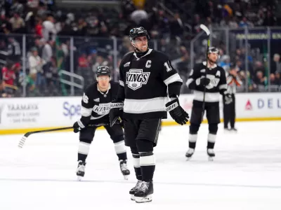 Dec 2, 2025; Los Angeles, California, USA; LA Kings center Anze Kopitar (11 reacts at the end of the game against the Washington Capitals at Crypto.com Arena. Mandatory Credit: Kirby Lee-Imagn Images