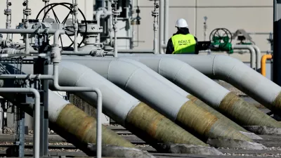 FILE PHOTO: Pipes at the landfall facilities of the 'Nord Stream 1' gas pipeline are pictured in Lubmin, Germany, March 8, 2022. REUTERS/Hannibal Hanschke/File Photo