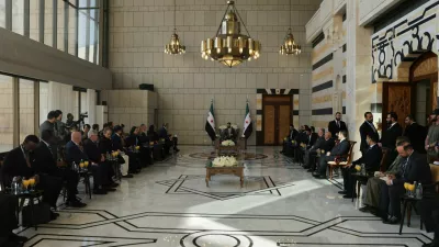 Syria's President Ahmed al-Sharaa meets representatives of the 15 members of the United Nations Security Council at the People's Palace in Damascus, Syria, December 4, 2025. REUTERS/Khalil Ashawi